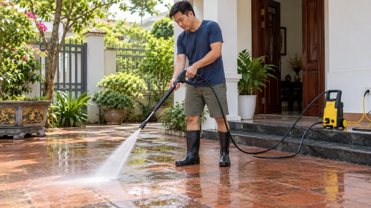 Máy phun rửa áp lực dùng vệ sinh sân nhà thế nào?