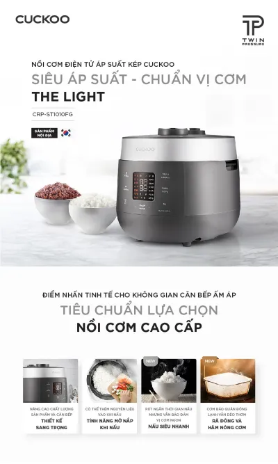 Nồi cơm điện tử áp suất kép Cuckoo CRP-ST1010FW Trắng 1.8L